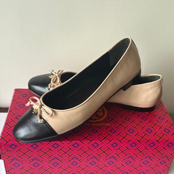 NIB Tory Burch Cap Toe Goat Leather Ballet Flats Rose Pink /Perfect Black Size 9 - Picture 1 of 5